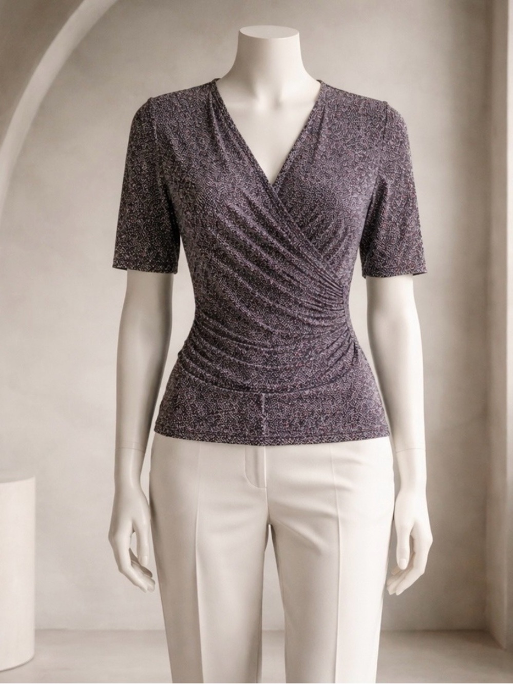 Jones New York Purple Ruched Faux-Wrap Short Sleeve Top